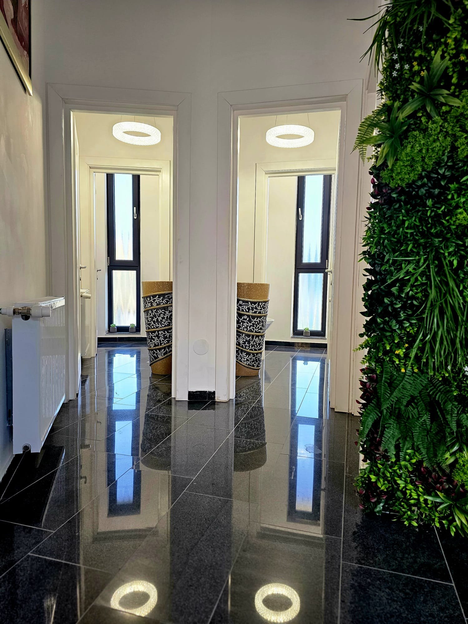 Hol interior luminos cu finisaje elegante și perete verde decorativ
